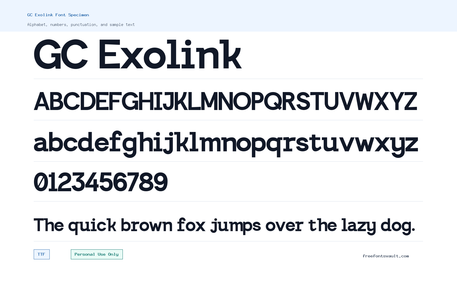 GC Exolink font specimen showing alphabet, numbers, and sample text