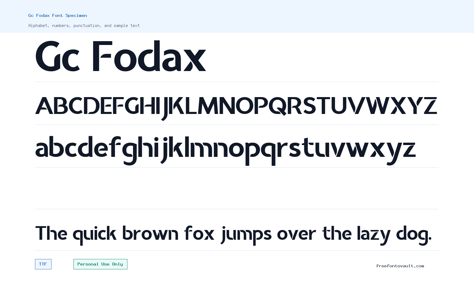 Gc Fodax font specimen showing alphabet, numbers, and sample text