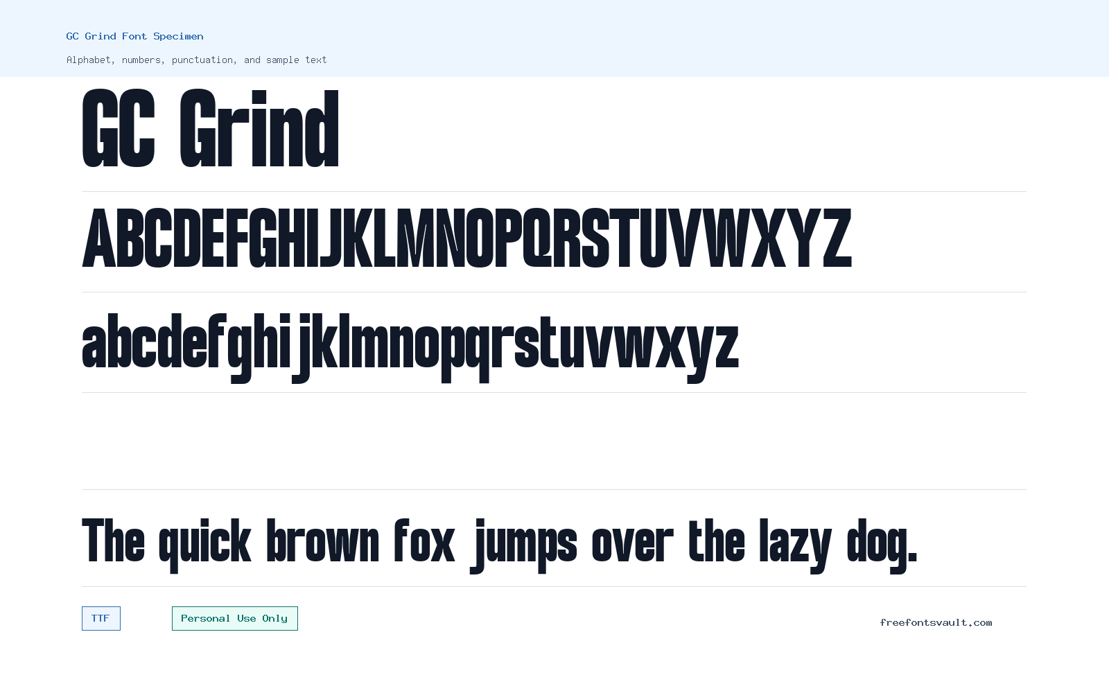 GC Grind font specimen showing alphabet, numbers, and sample text