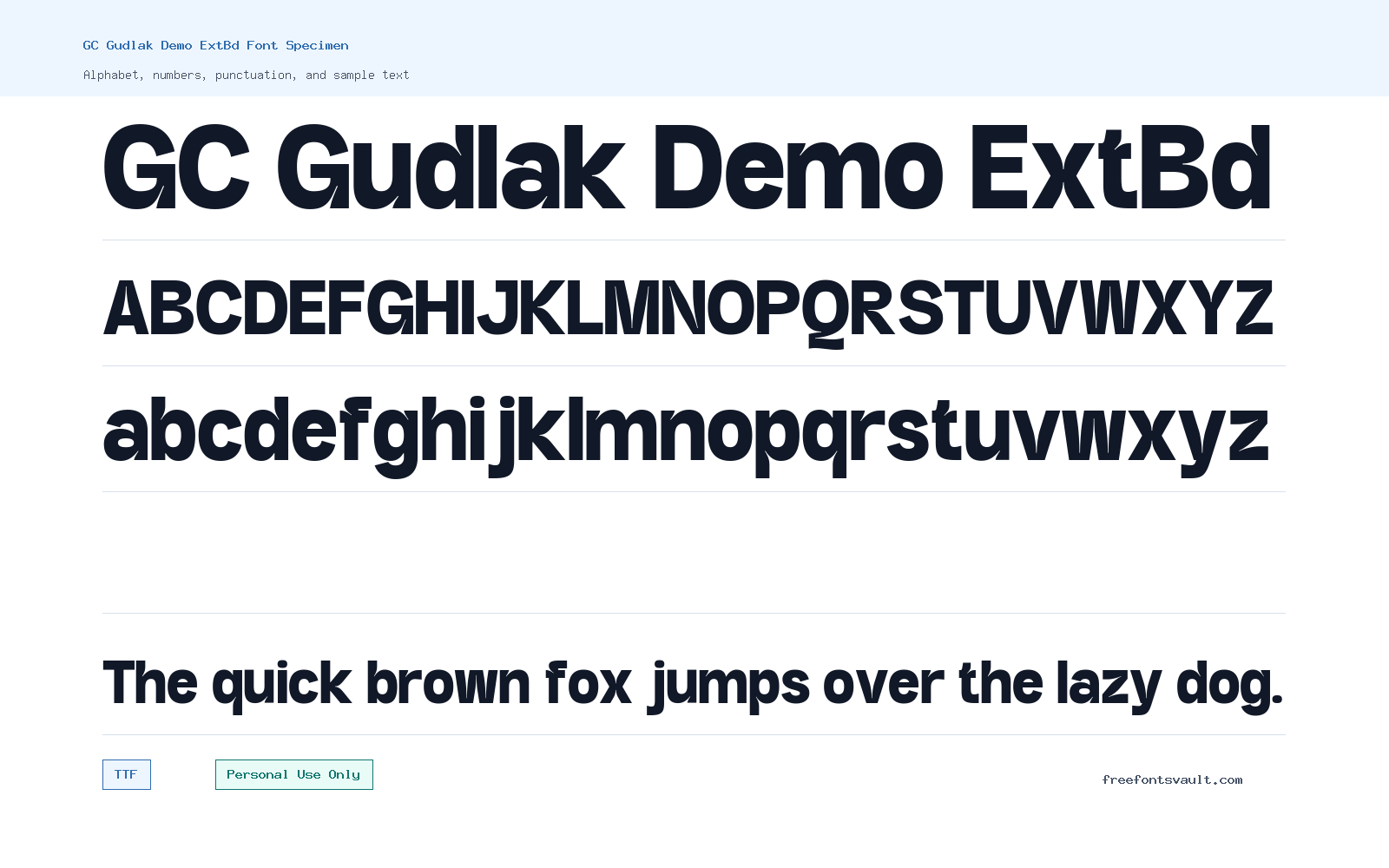 GC Gudlak Demo ExtBd font specimen showing alphabet, numbers, and sample text