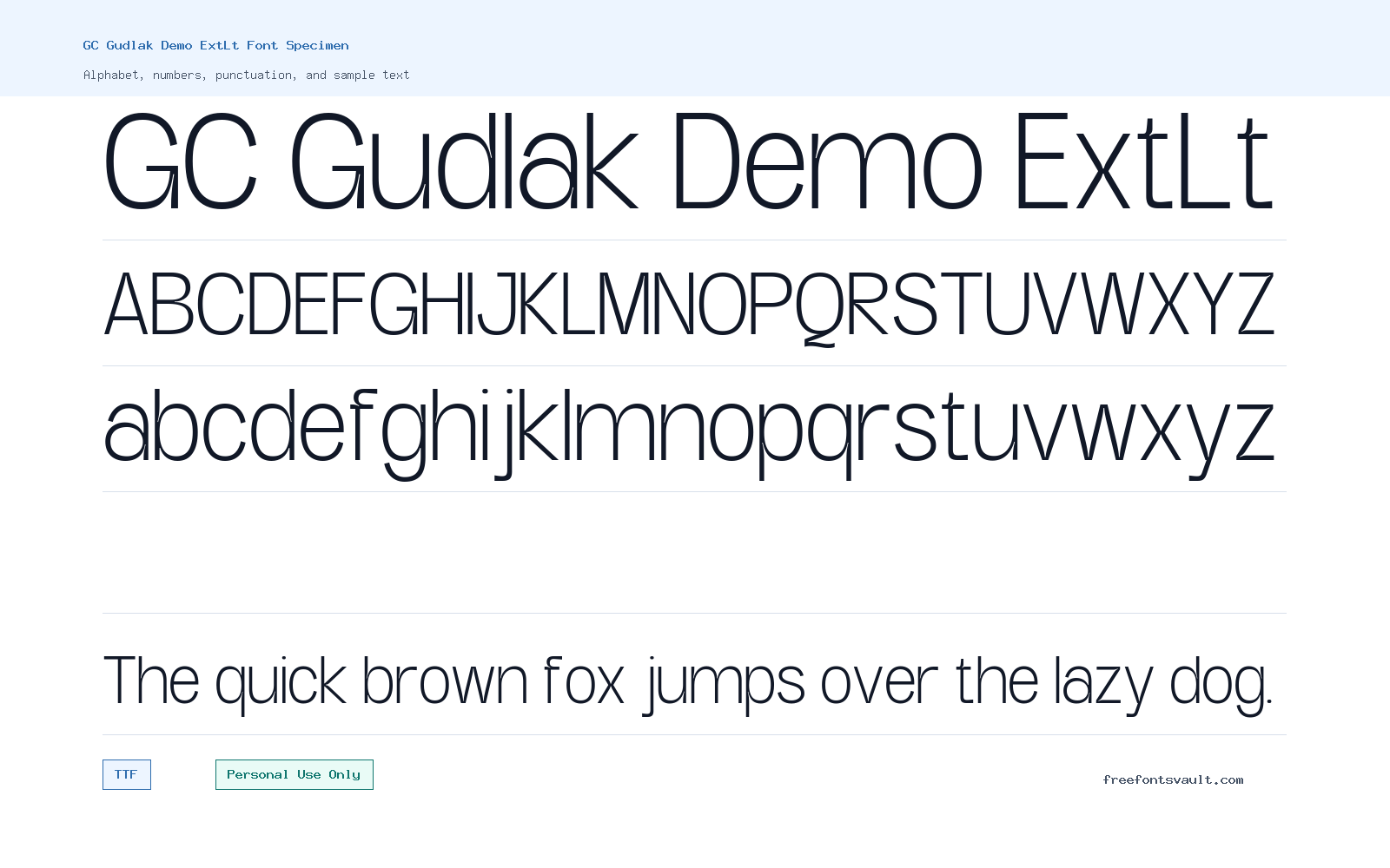 GC Gudlak Demo ExtLt font specimen showing alphabet, numbers, and sample text