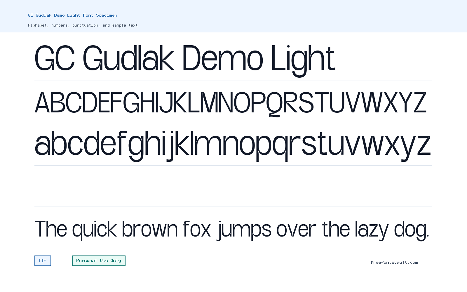 GC Gudlak Demo Light font specimen showing alphabet, numbers, and sample text