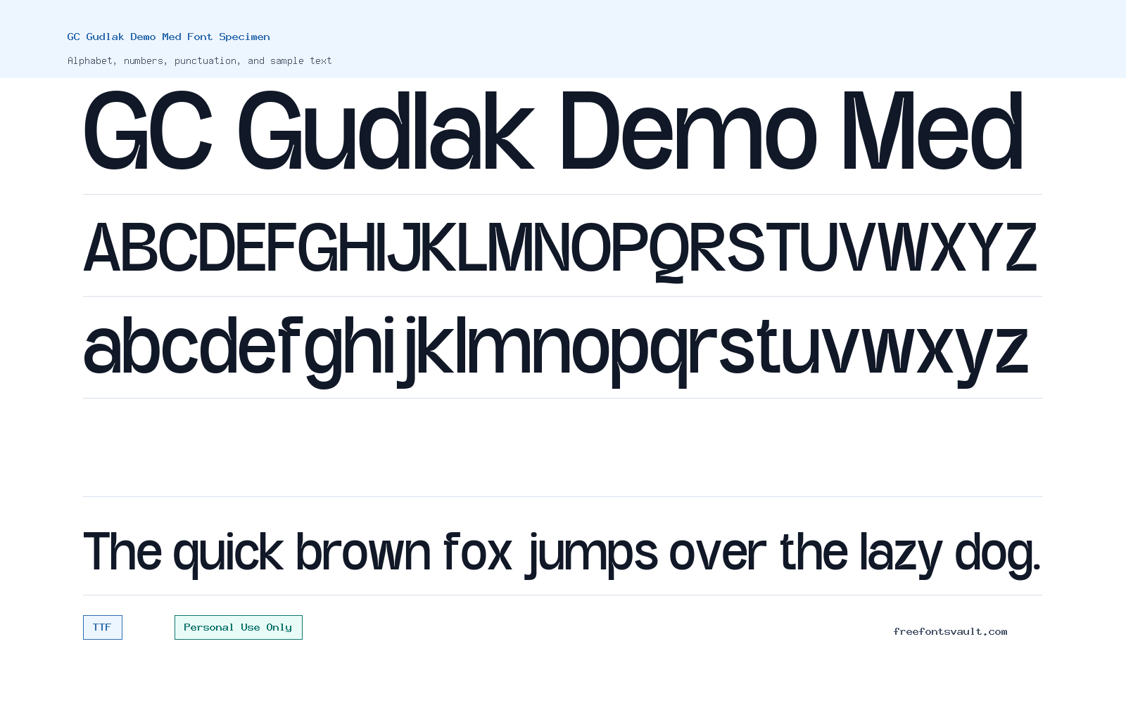 GC Gudlak Demo Med font specimen showing alphabet, numbers, and sample text