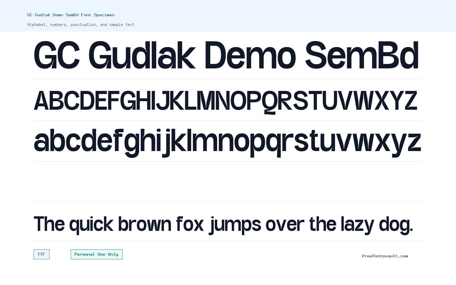 GC Gudlak Demo SemBd font specimen showing alphabet, numbers, and sample text