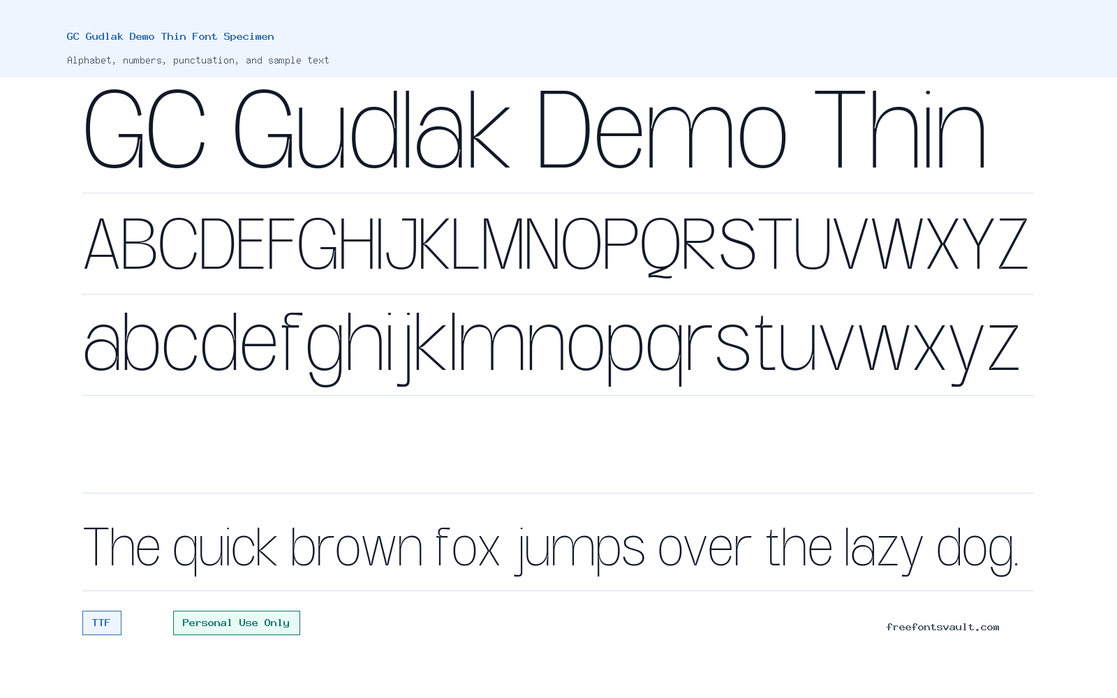 GC Gudlak Demo Thin font specimen showing alphabet, numbers, and sample text