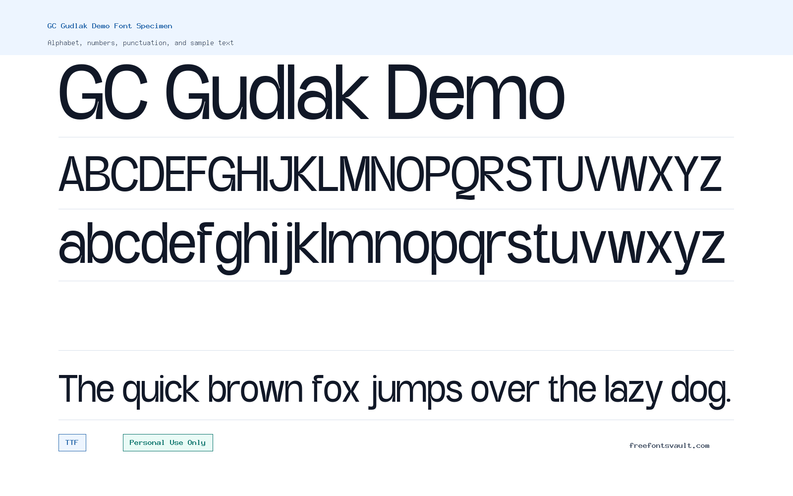 GC Gudlak Demo font specimen showing alphabet, numbers, and sample text