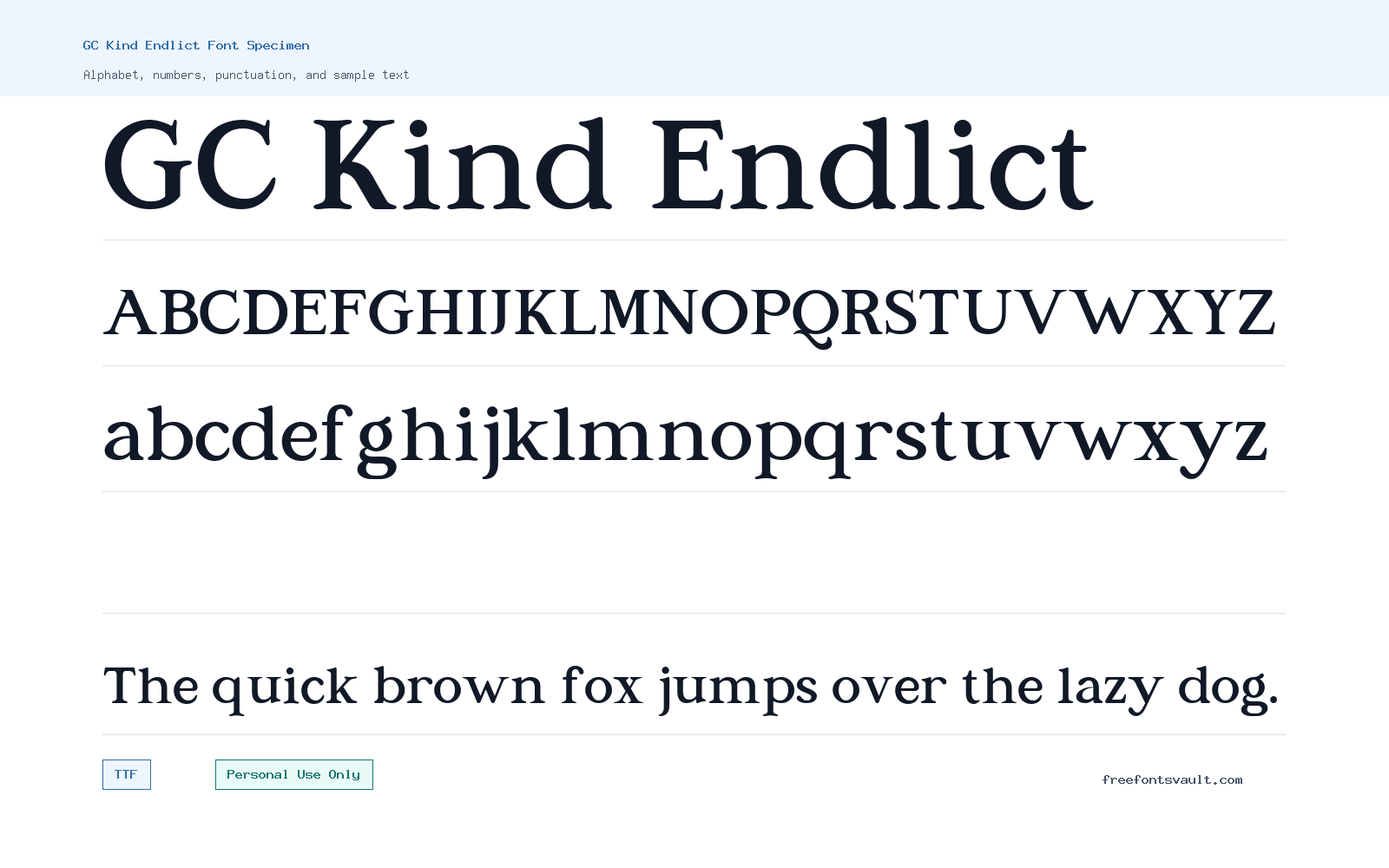GC Kind Endlict font specimen showing alphabet, numbers, and sample text