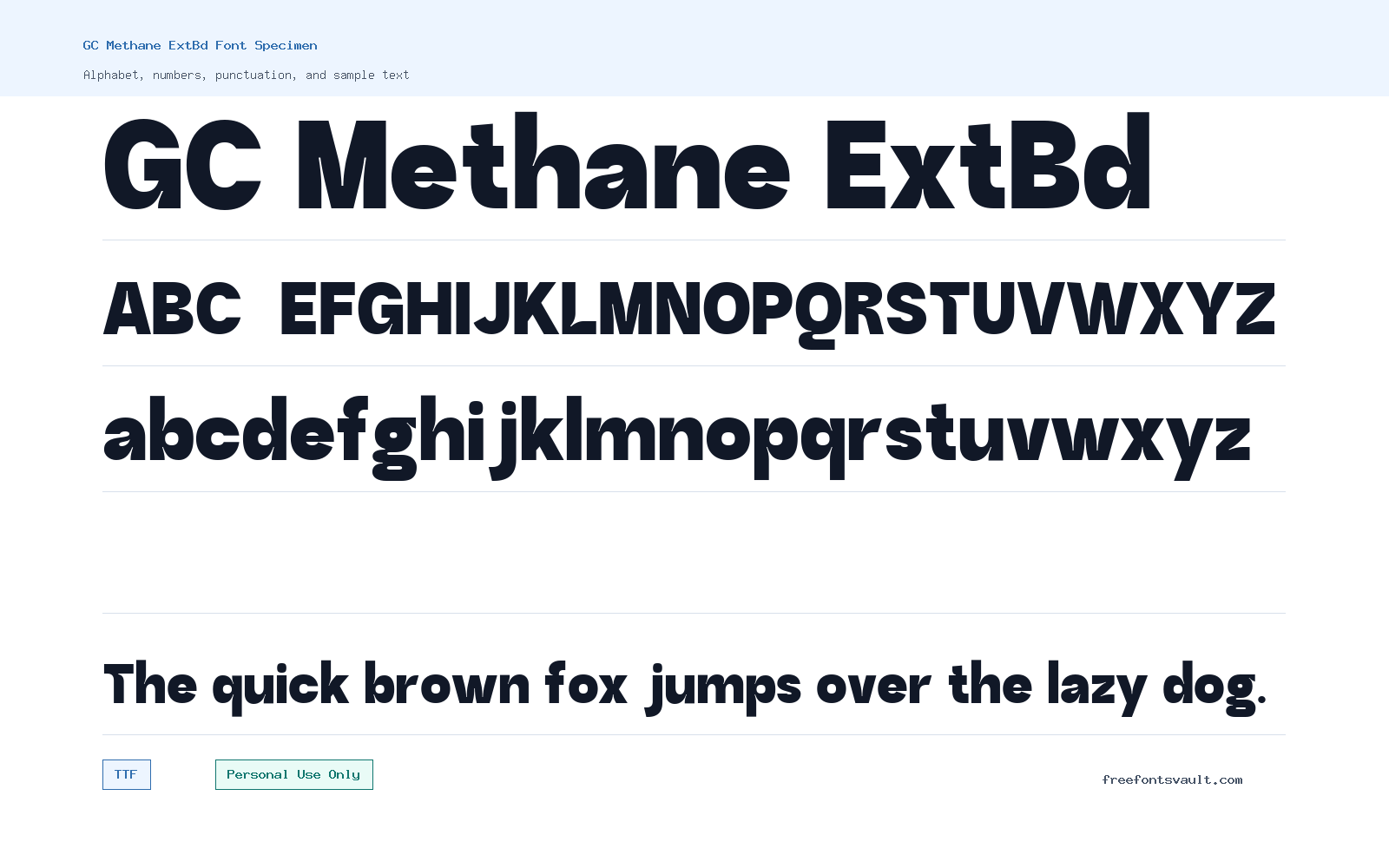 GC Methane ExtBd font specimen showing alphabet, numbers, and sample text