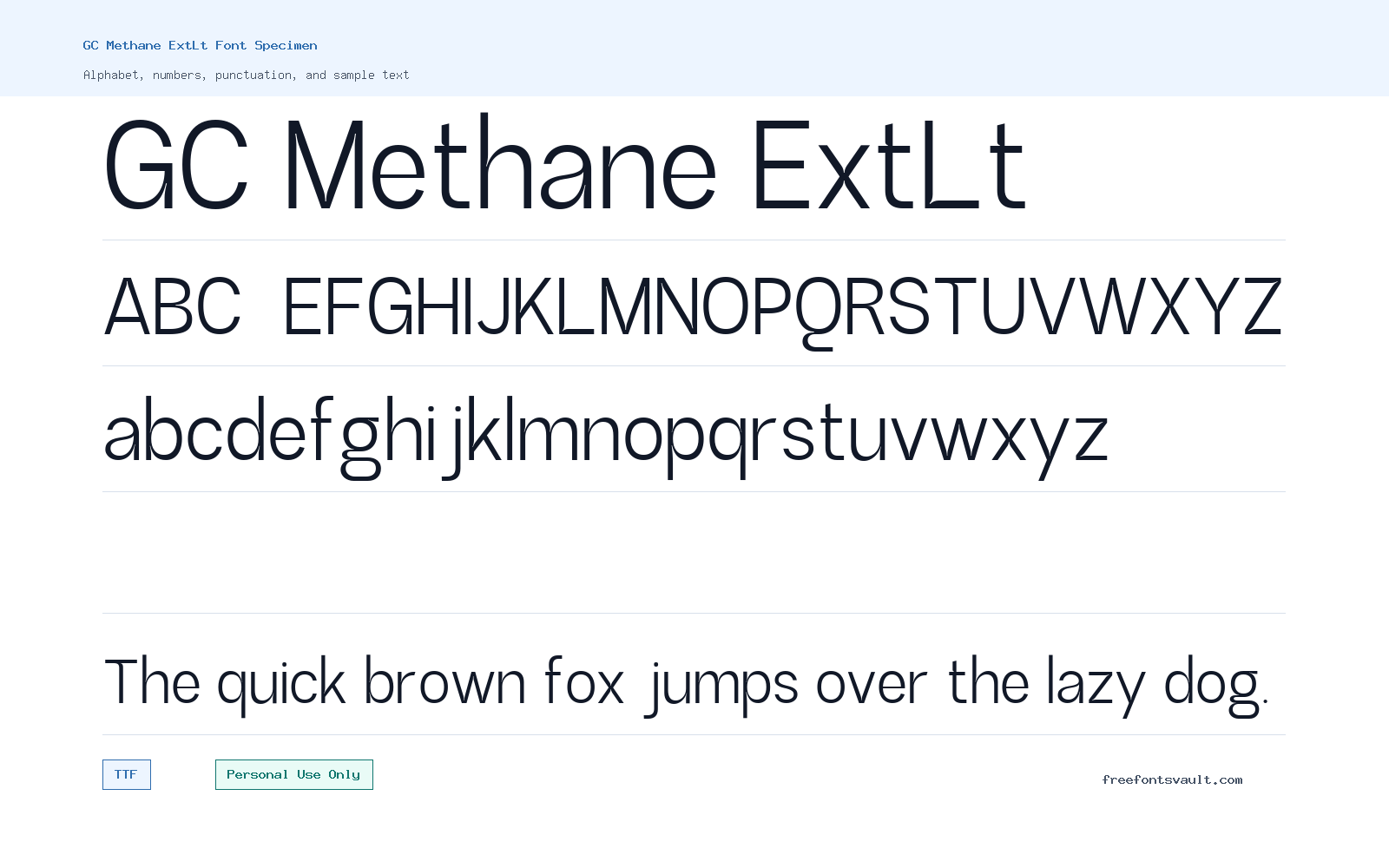 GC Methane ExtLt font specimen showing alphabet, numbers, and sample text