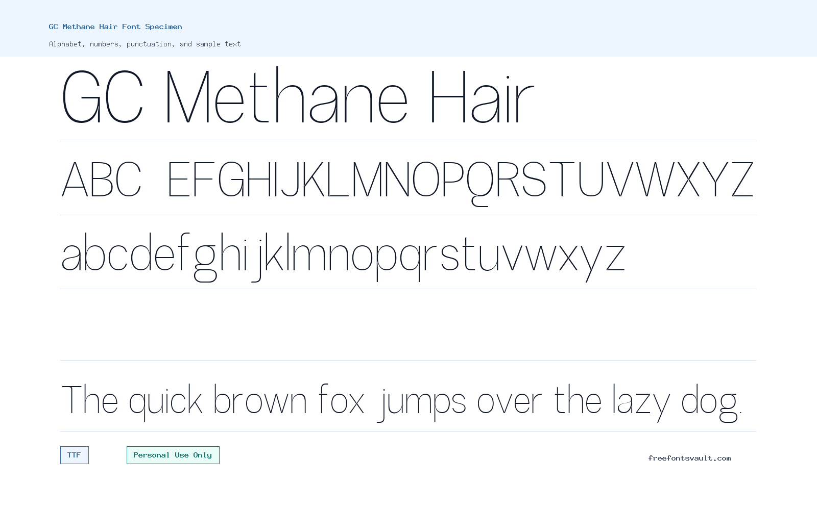 GC Methane Hair font specimen showing alphabet, numbers, and sample text
