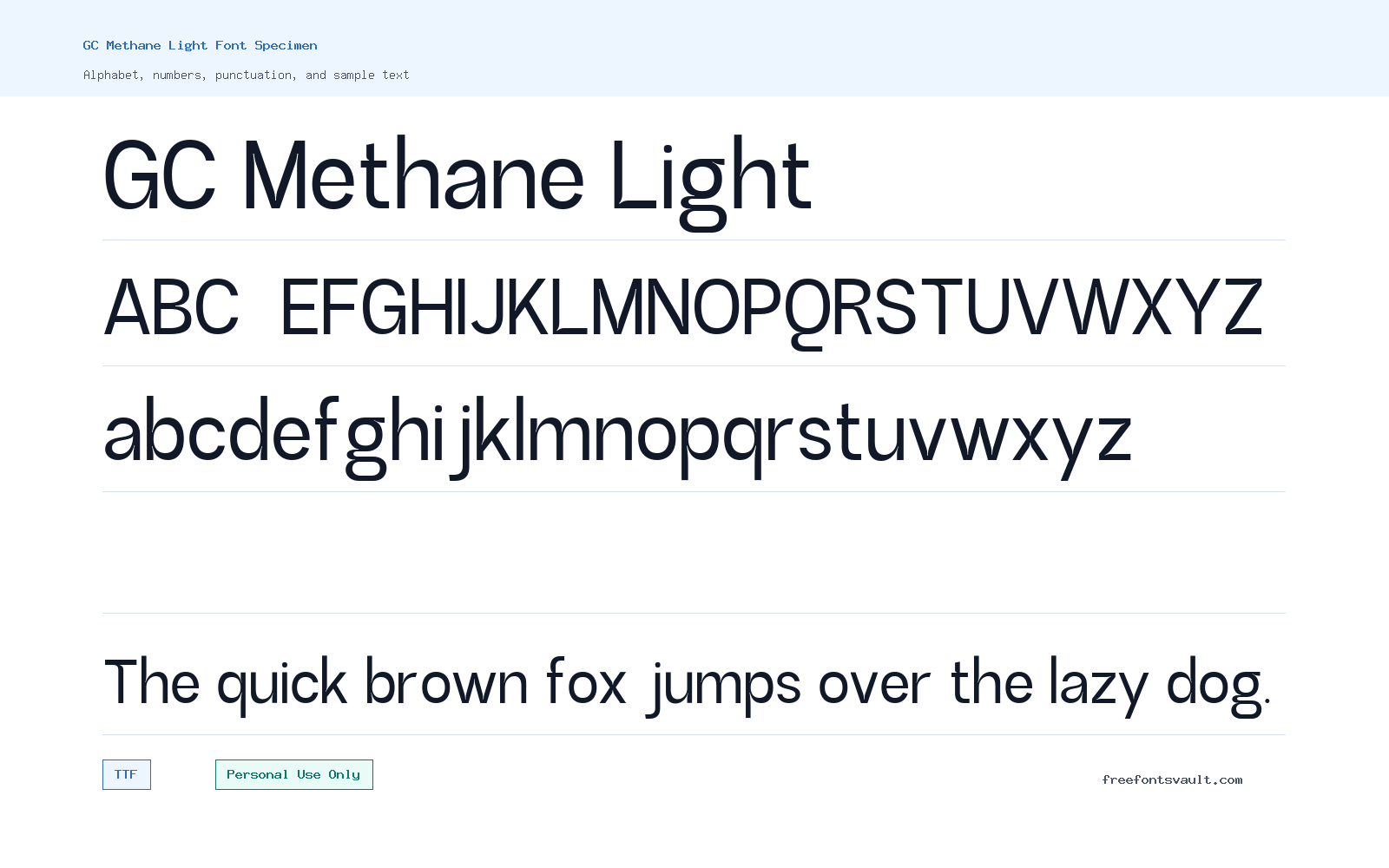 GC Methane Light font specimen showing alphabet, numbers, and sample text