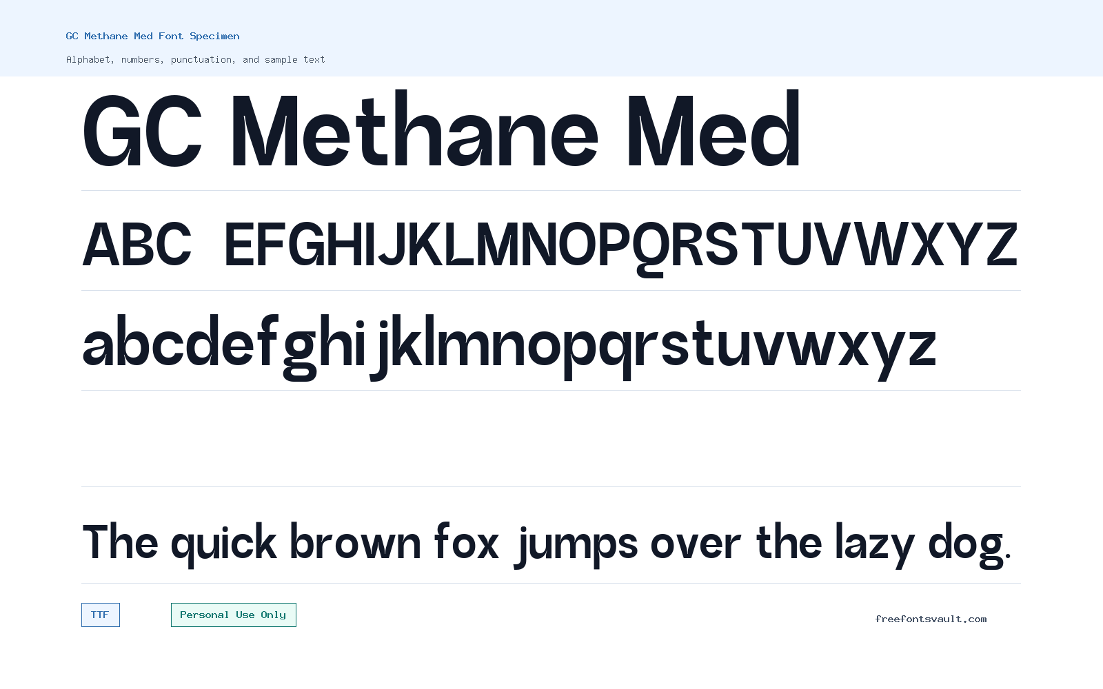 GC Methane Med font specimen showing alphabet, numbers, and sample text