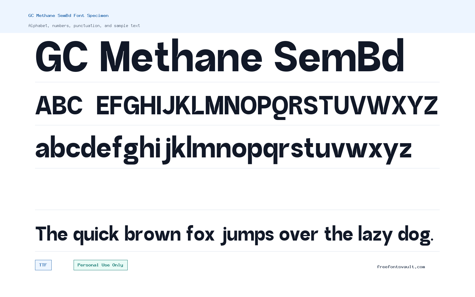 GC Methane SemBd font specimen showing alphabet, numbers, and sample text