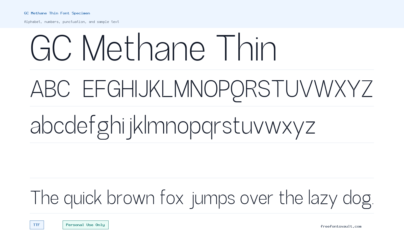 GC Methane Thin font specimen showing alphabet, numbers, and sample text
