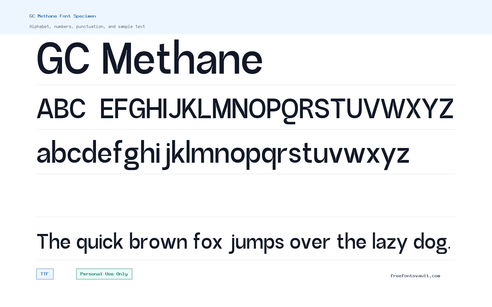 GC Methane font specimen showing alphabet, numbers, and sample text