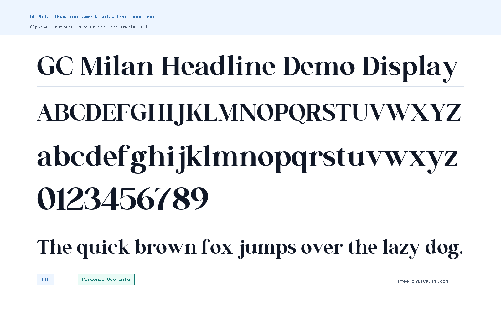 GC Milan Headline Demo Display font specimen showing alphabet, numbers, and sample text