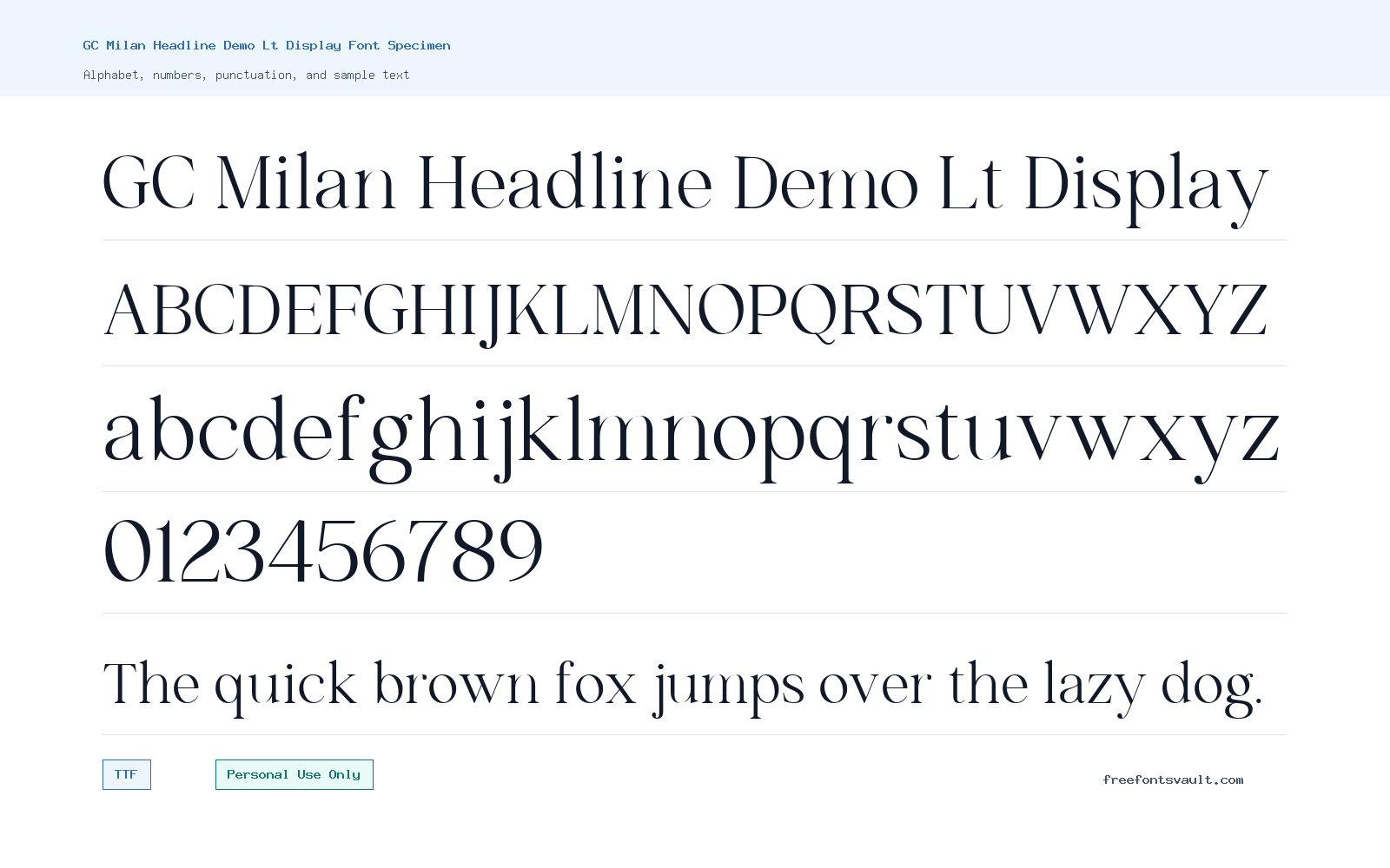 GC Milan Headline Demo Lt Display font specimen showing alphabet, numbers, and sample text