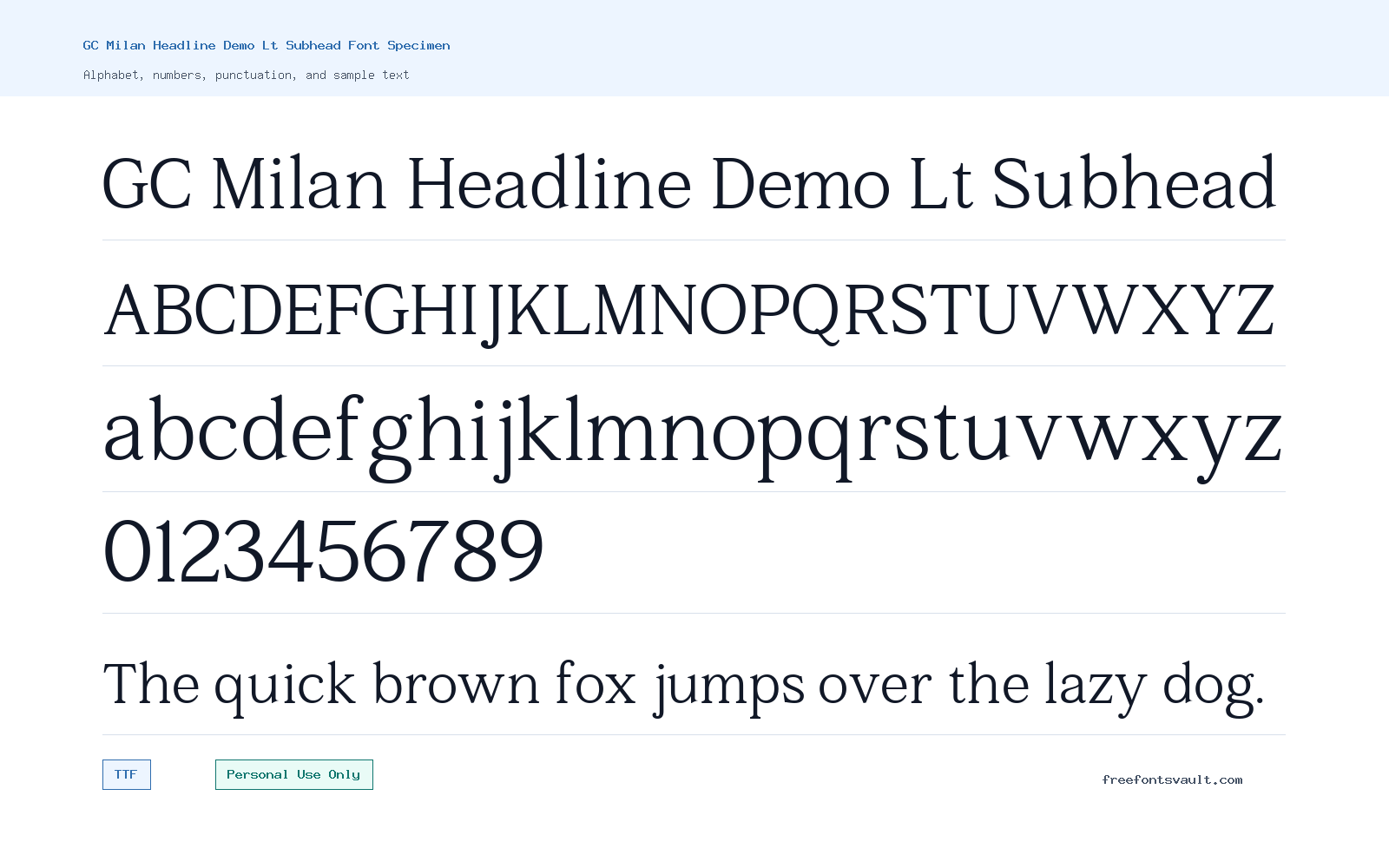 GC Milan Headline Demo Lt Subhead font specimen showing alphabet, numbers, and sample text
