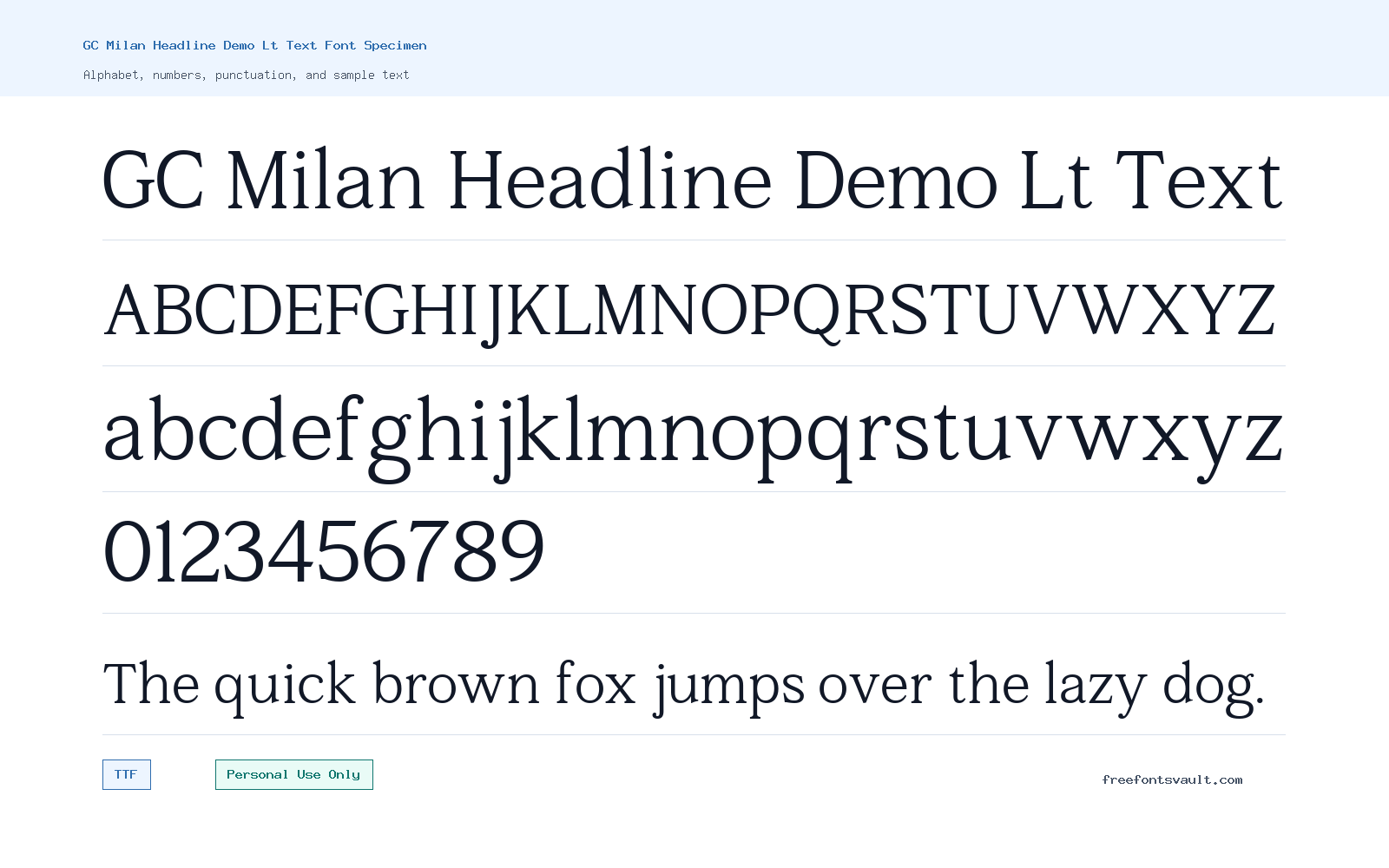 GC Milan Headline Demo Lt Text font specimen showing alphabet, numbers, and sample text