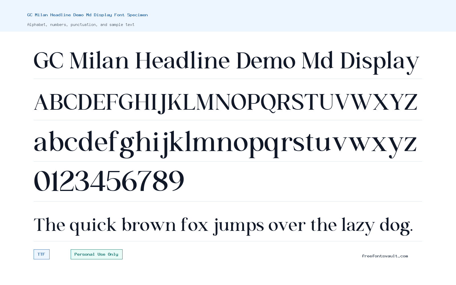 GC Milan Headline Demo Md Display font specimen showing alphabet, numbers, and sample text