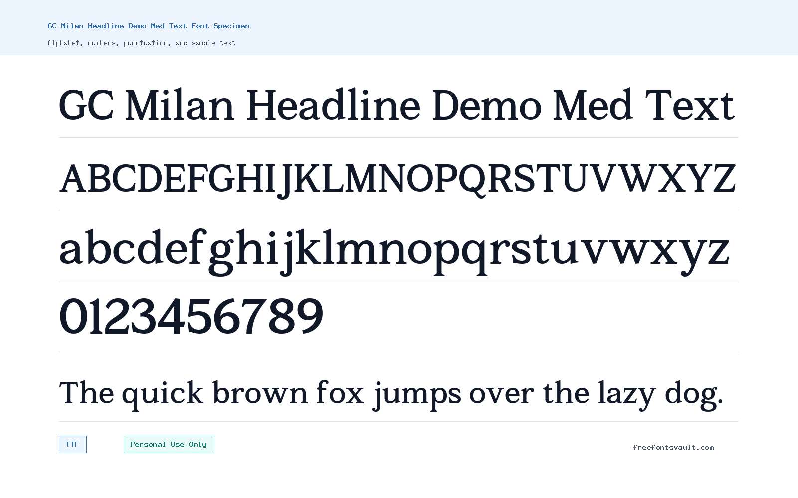 GC Milan Headline Demo Med Text font specimen showing alphabet, numbers, and sample text