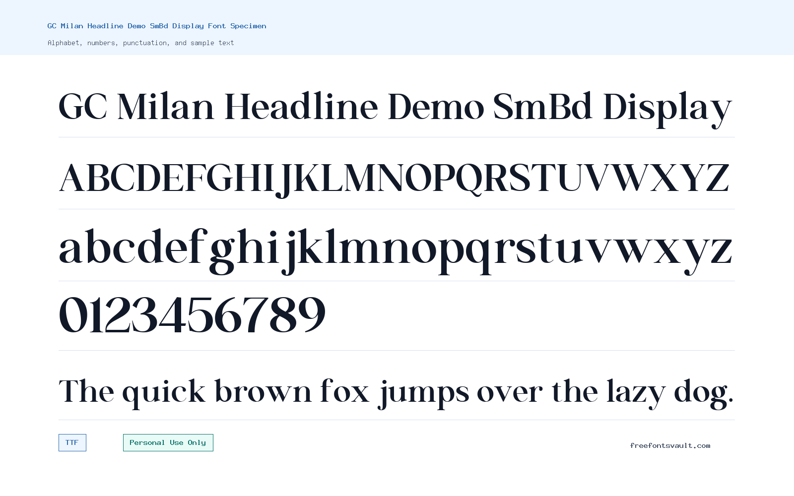 GC Milan Headline Demo SmBd Display font specimen showing alphabet, numbers, and sample text