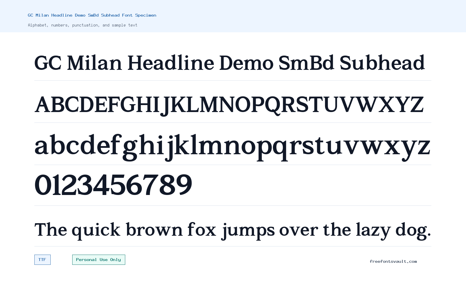 GC Milan Headline Demo SmBd Subhead font specimen showing alphabet, numbers, and sample text