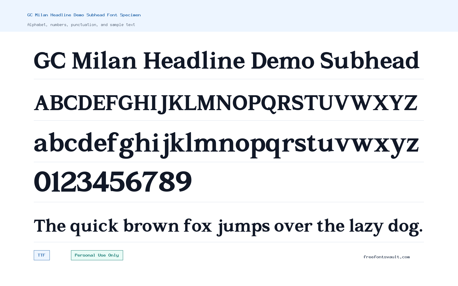 GC Milan Headline Demo Subhead font specimen showing alphabet, numbers, and sample text