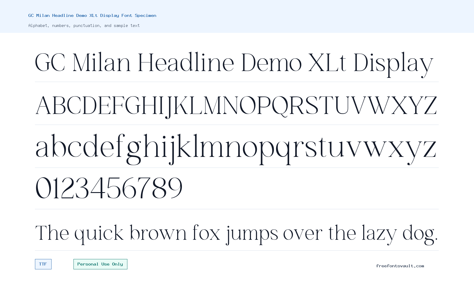 GC Milan Headline Demo XLt Display font specimen showing alphabet, numbers, and sample text