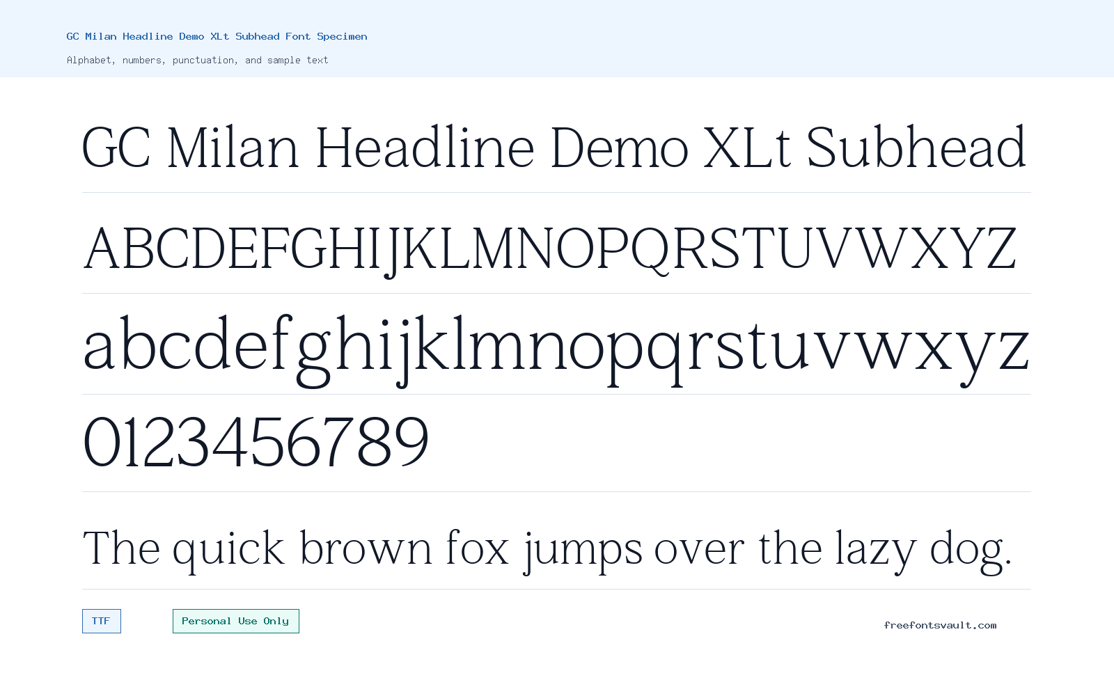 GC Milan Headline Demo XLt Subhead font specimen showing alphabet, numbers, and sample text