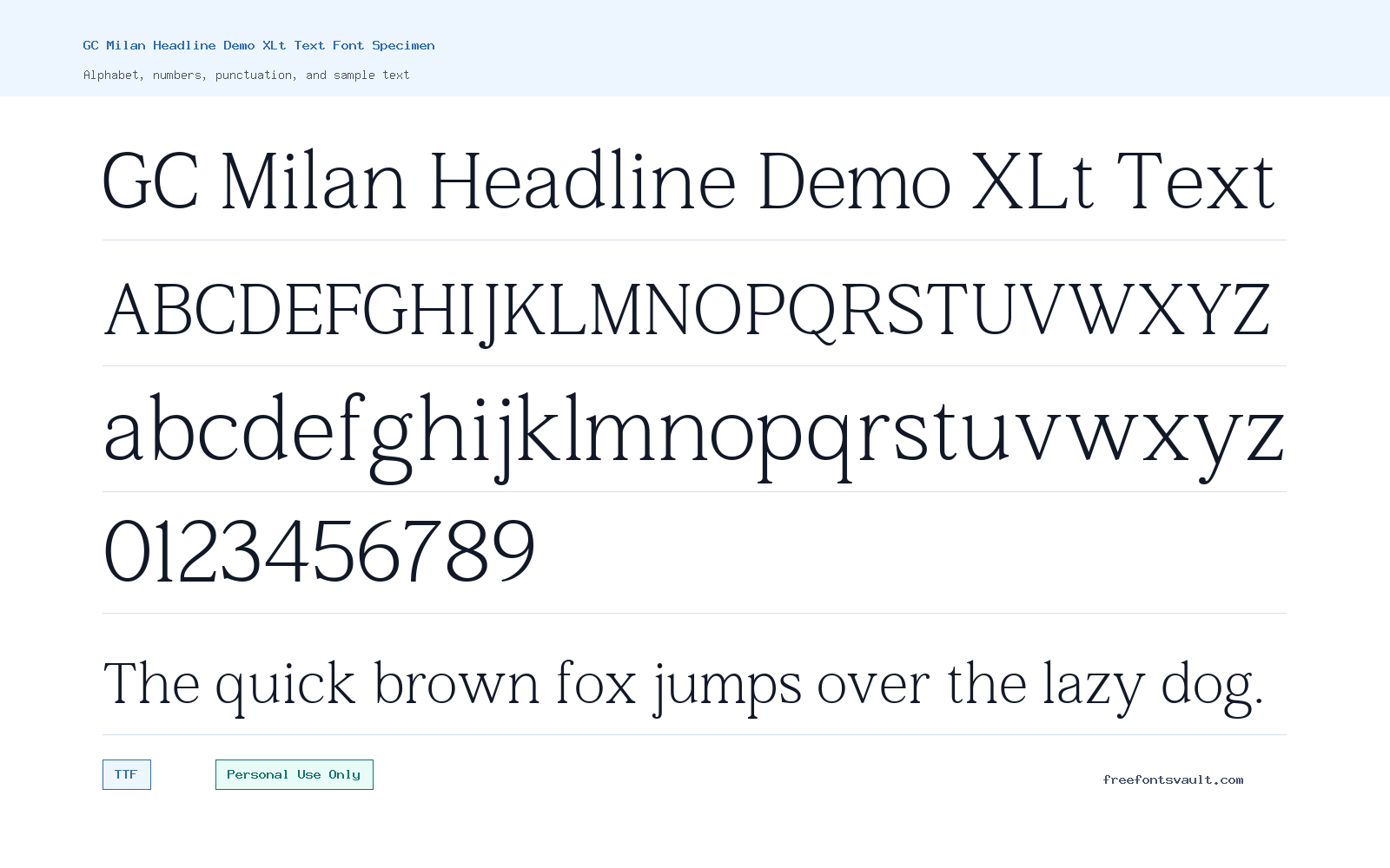 GC Milan Headline Demo XLt Text font specimen showing alphabet, numbers, and sample text