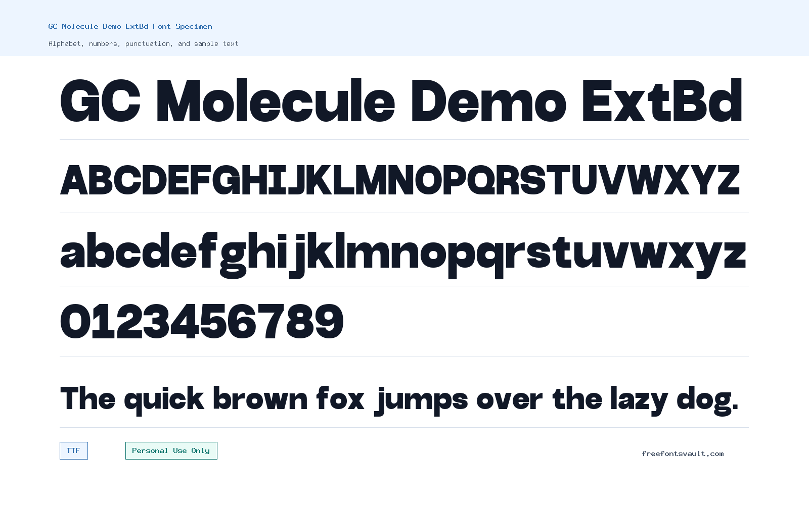 GC Molecule Demo ExtBd font specimen showing alphabet, numbers, and sample text