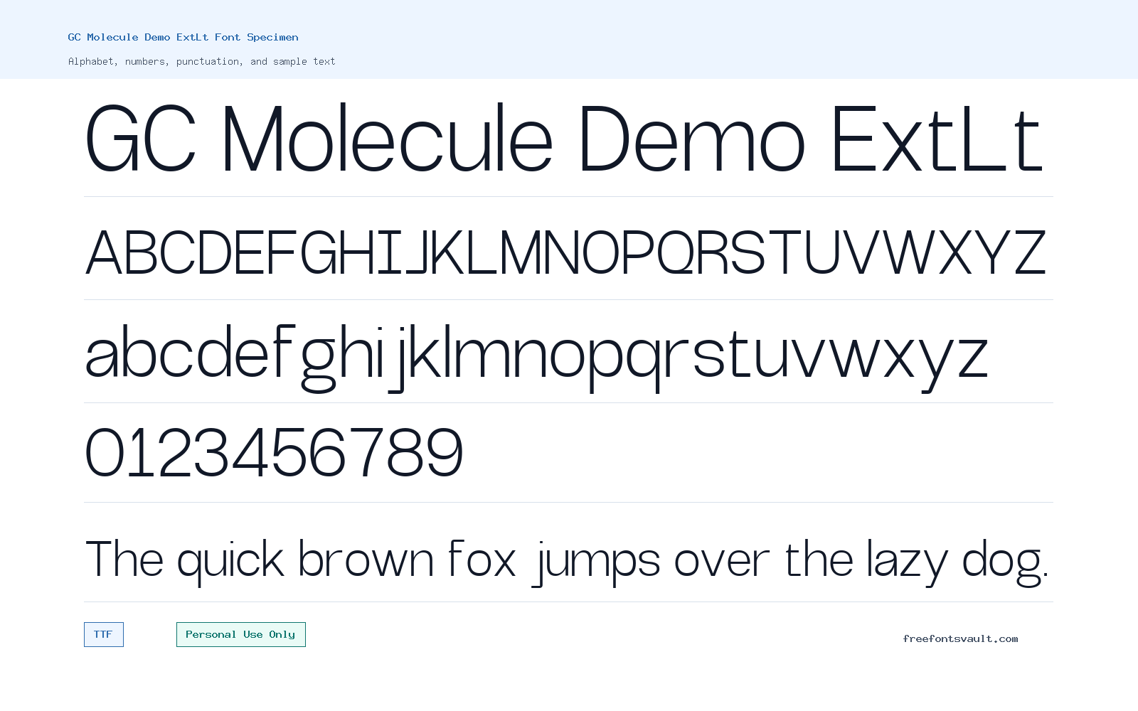 GC Molecule Demo ExtLt font specimen showing alphabet, numbers, and sample text