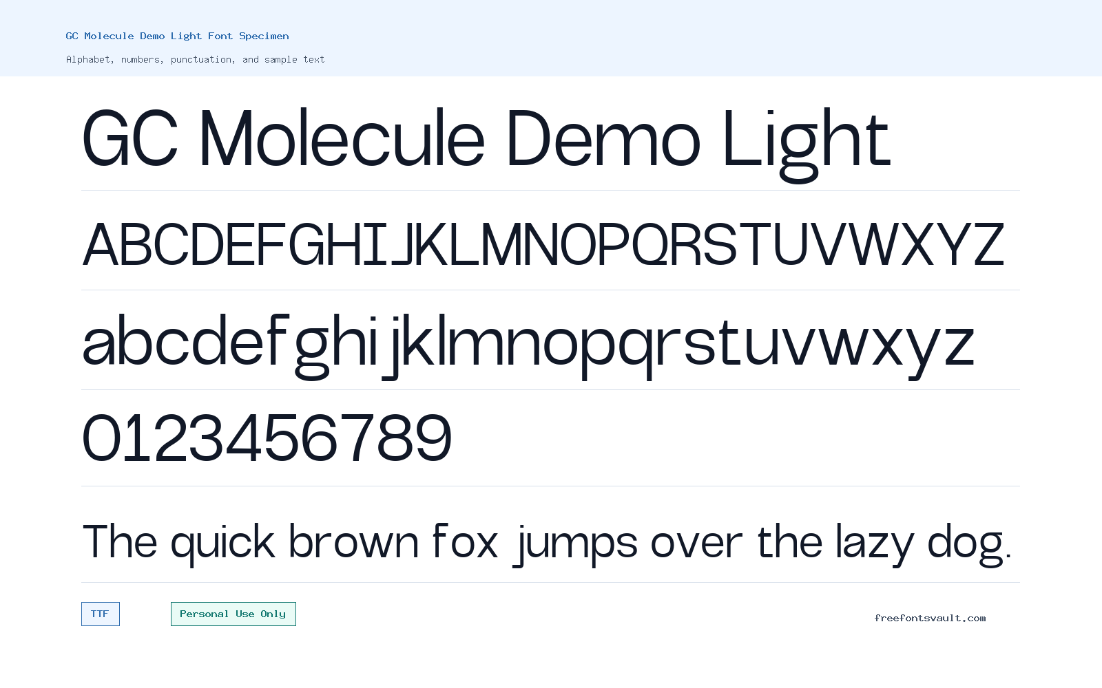 GC Molecule Demo Light font specimen showing alphabet, numbers, and sample text