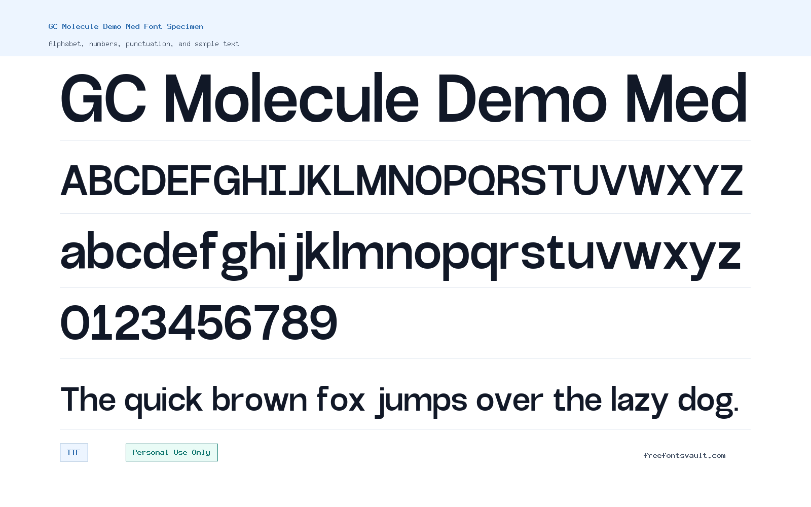 GC Molecule Demo Med font specimen showing alphabet, numbers, and sample text