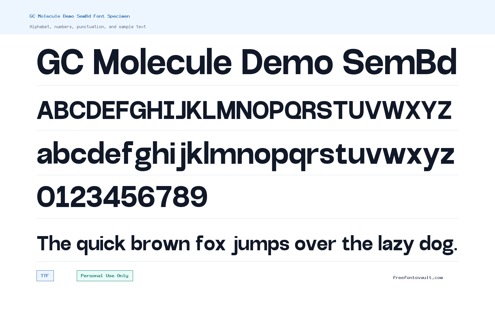 GC Molecule Demo SemBd font specimen showing alphabet, numbers, and sample text