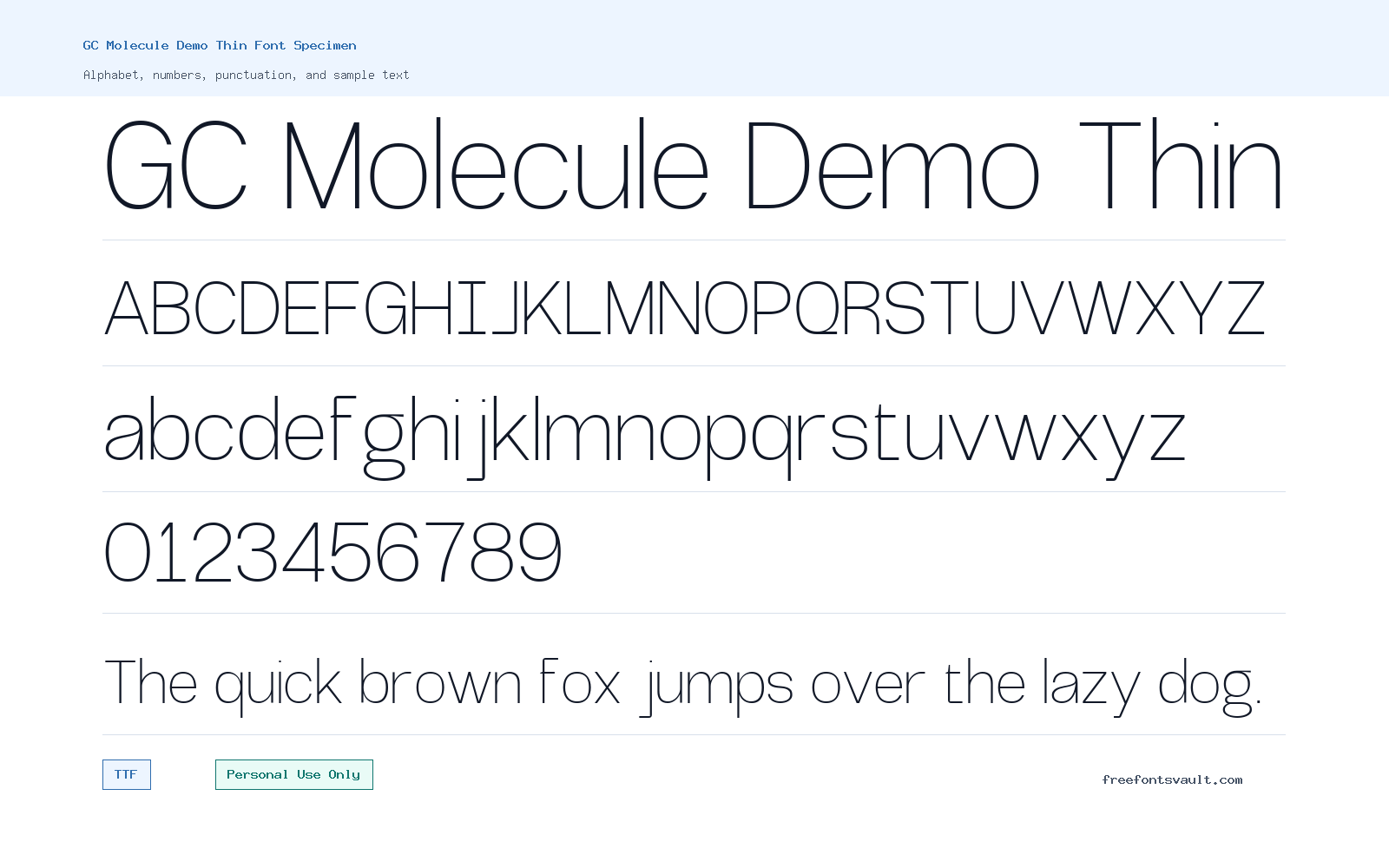 GC Molecule Demo Thin font specimen showing alphabet, numbers, and sample text