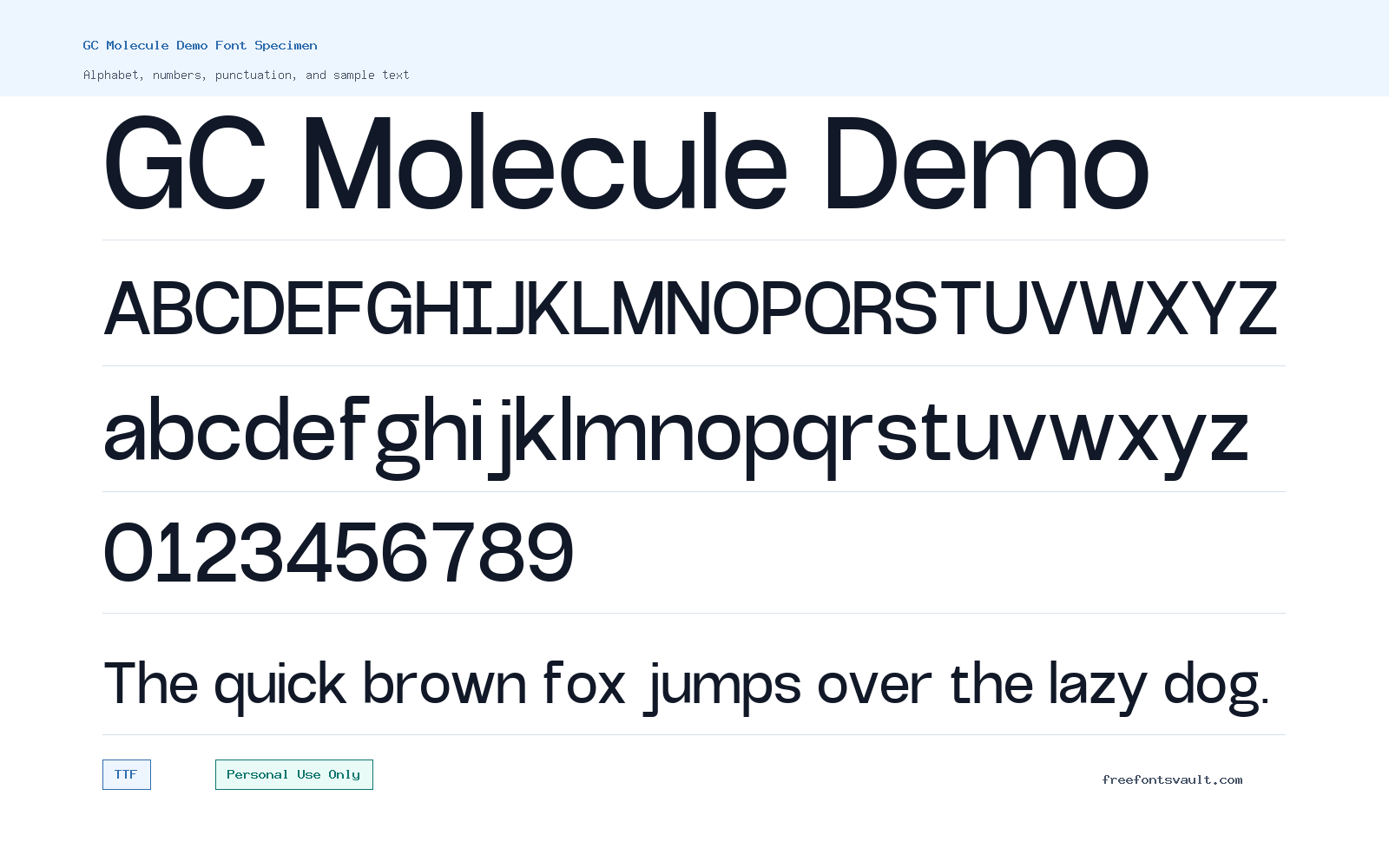 GC Molecule Demo font specimen showing alphabet, numbers, and sample text
