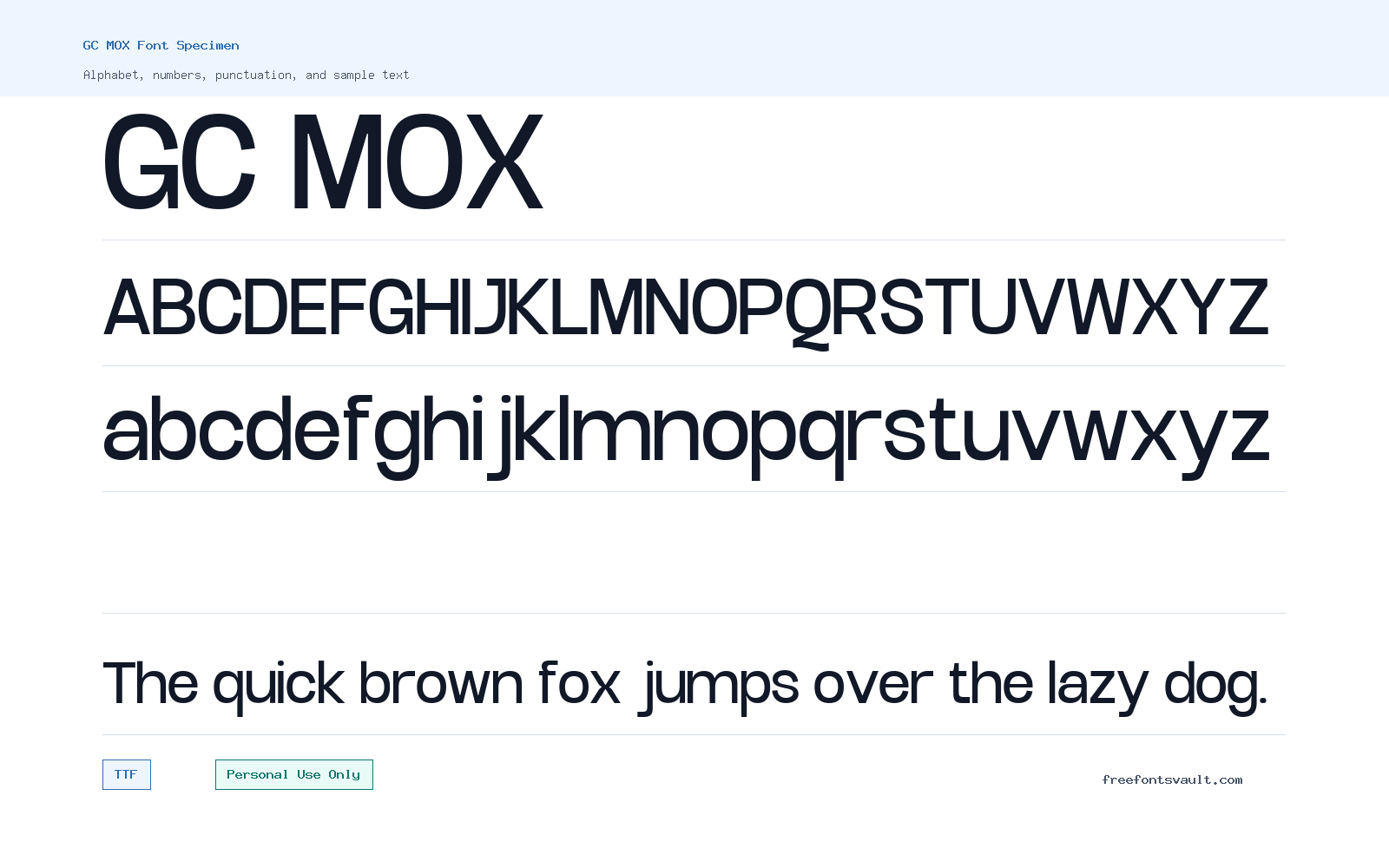 GC MOX font specimen showing alphabet, numbers, and sample text