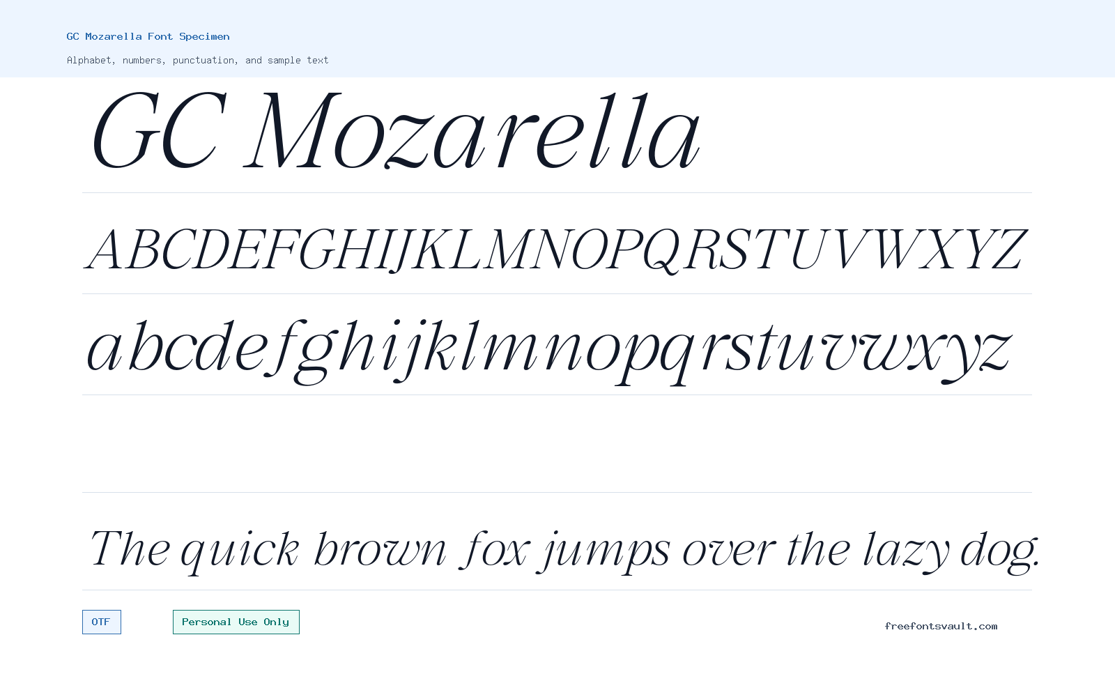 GC Mozarella font specimen showing alphabet, numbers, and sample text