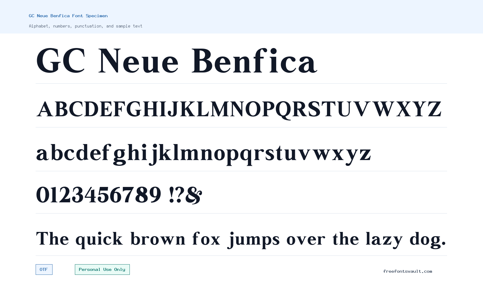 GC Neue Benfica font specimen showing alphabet, numbers, and sample text