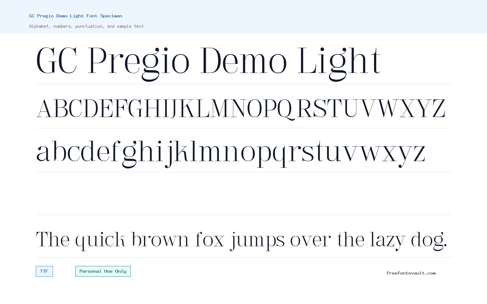 GC Pregio Demo Light font specimen showing alphabet, numbers, and sample text
