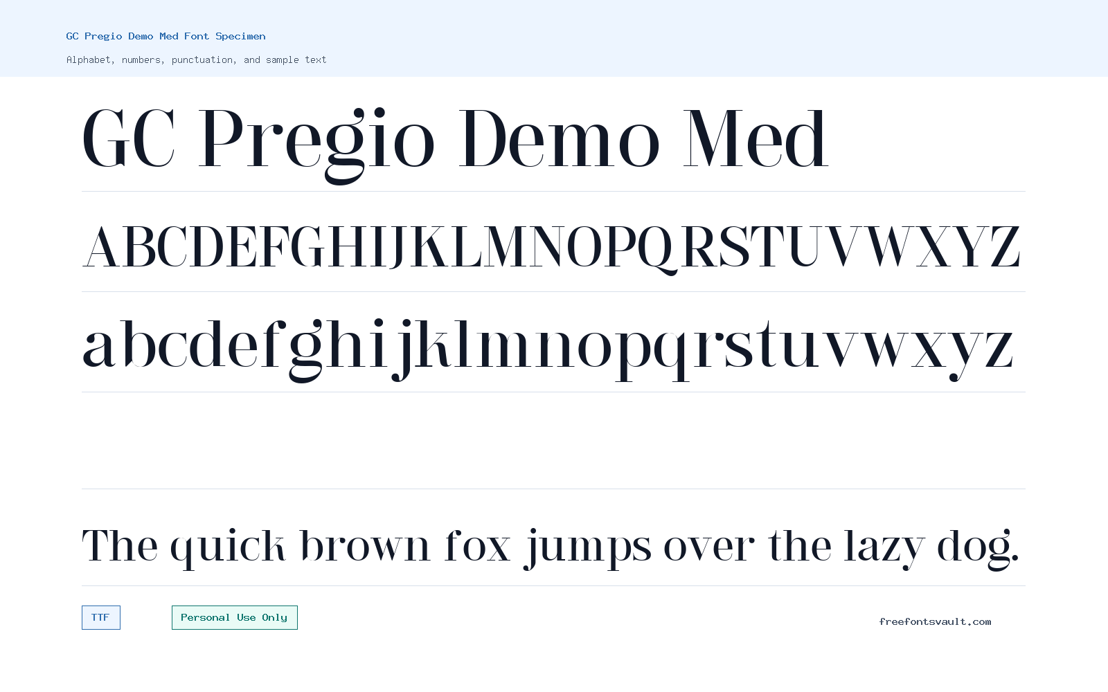GC Pregio Demo Med font specimen showing alphabet, numbers, and sample text