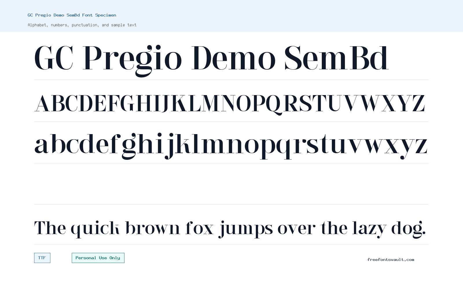 GC Pregio Demo SemBd font specimen showing alphabet, numbers, and sample text