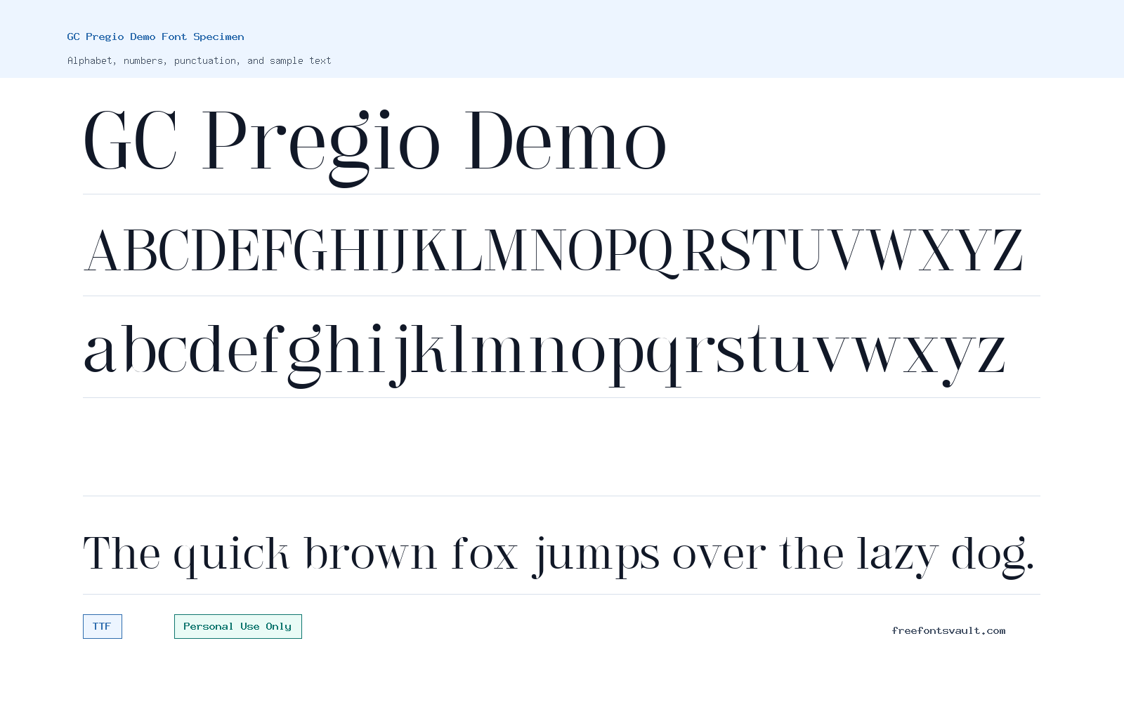 GC Pregio Demo font specimen showing alphabet, numbers, and sample text