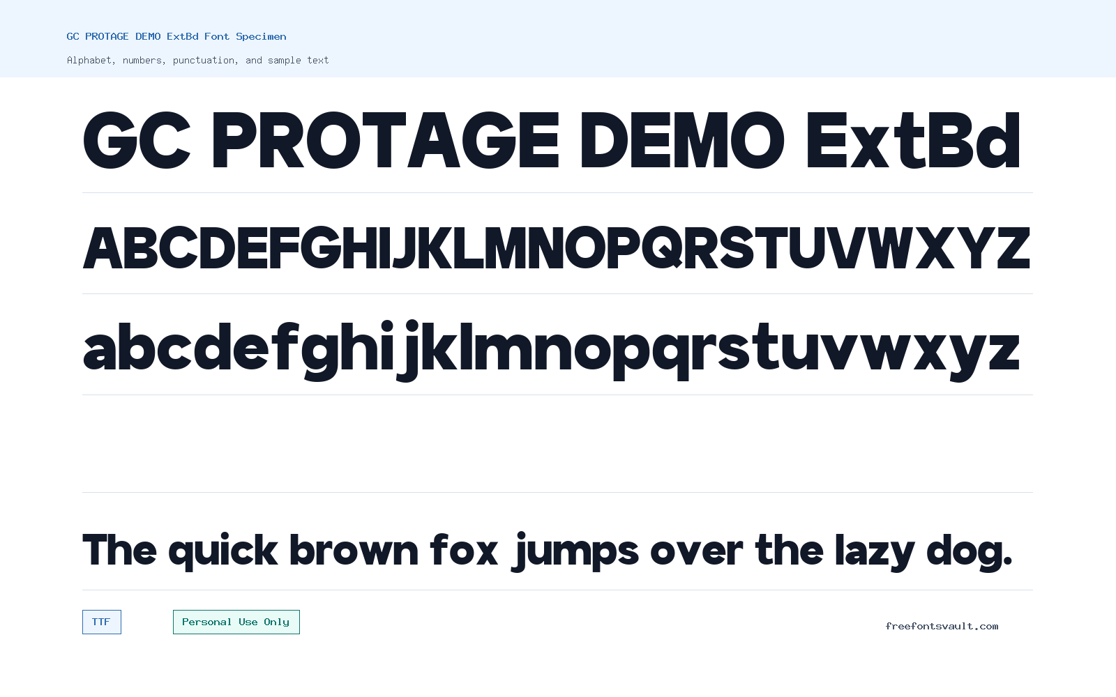 GC PROTAGE DEMO ExtBd font specimen showing alphabet, numbers, and sample text