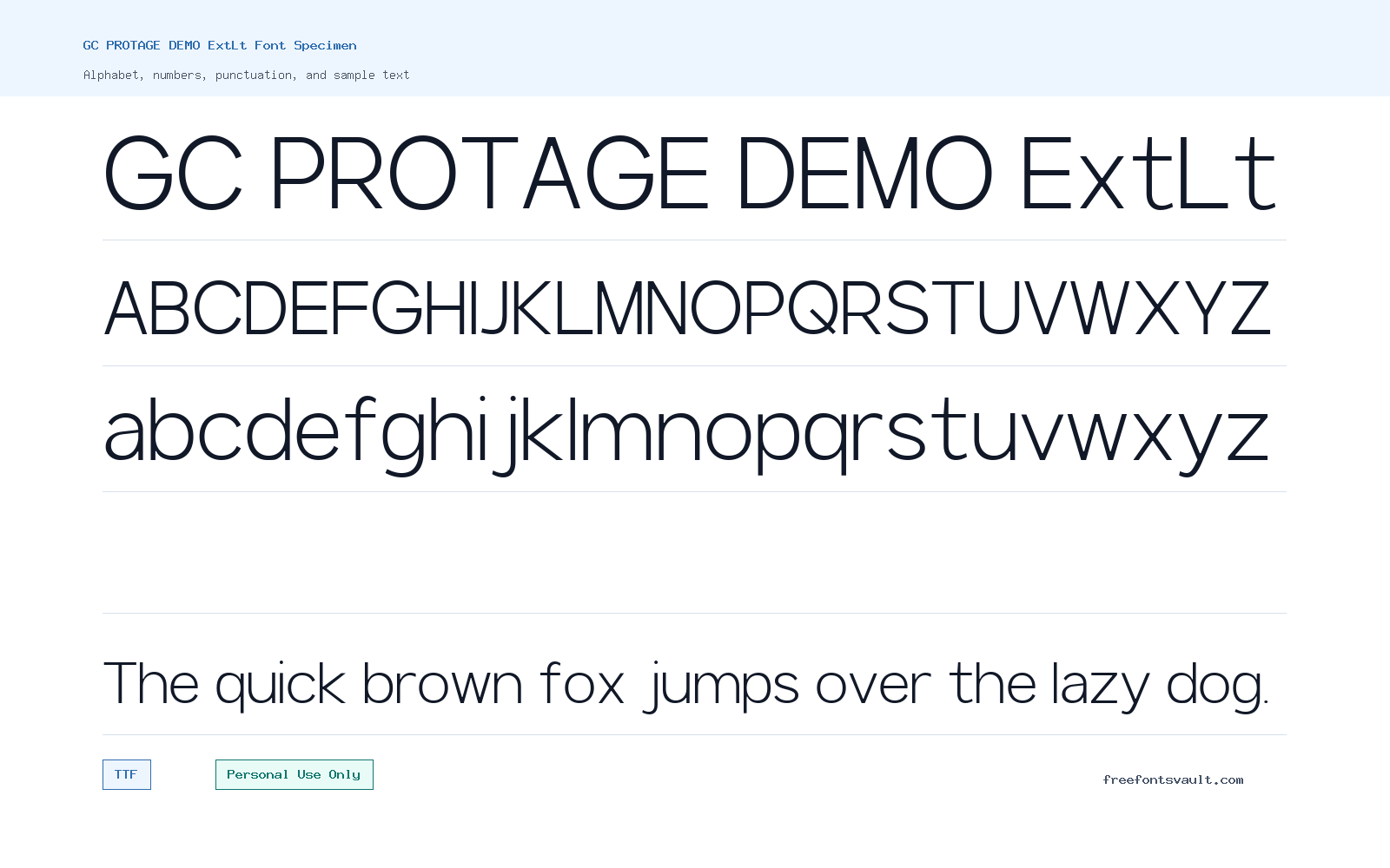 GC PROTAGE DEMO ExtLt font specimen showing alphabet, numbers, and sample text