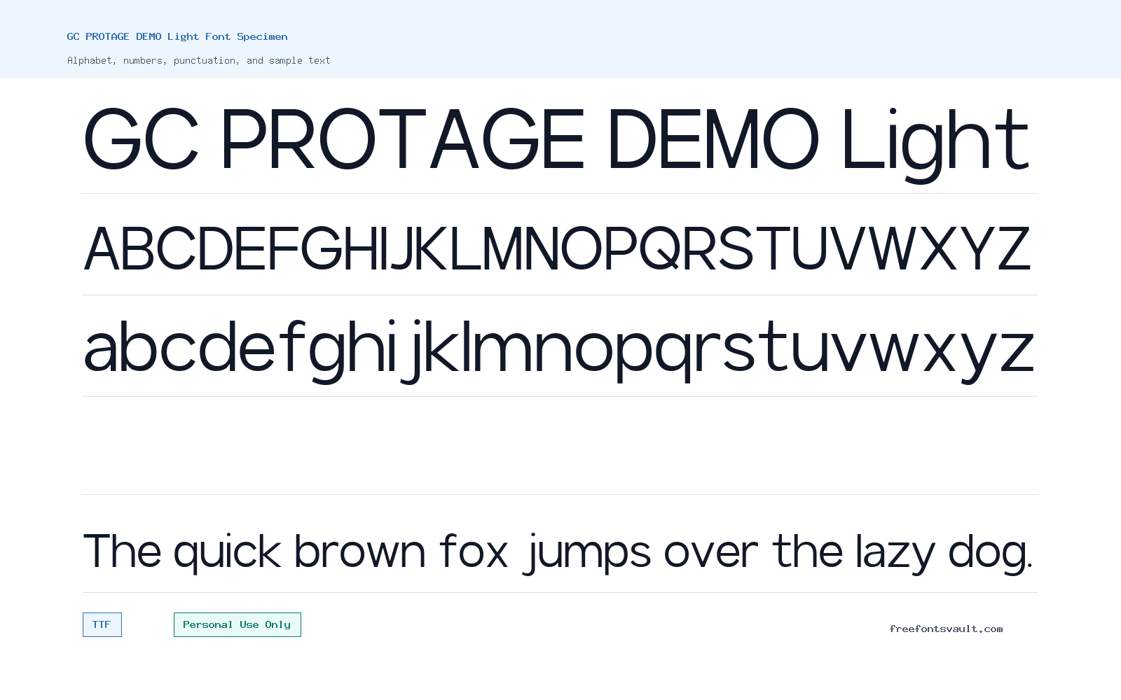 GC PROTAGE DEMO Light font specimen showing alphabet, numbers, and sample text