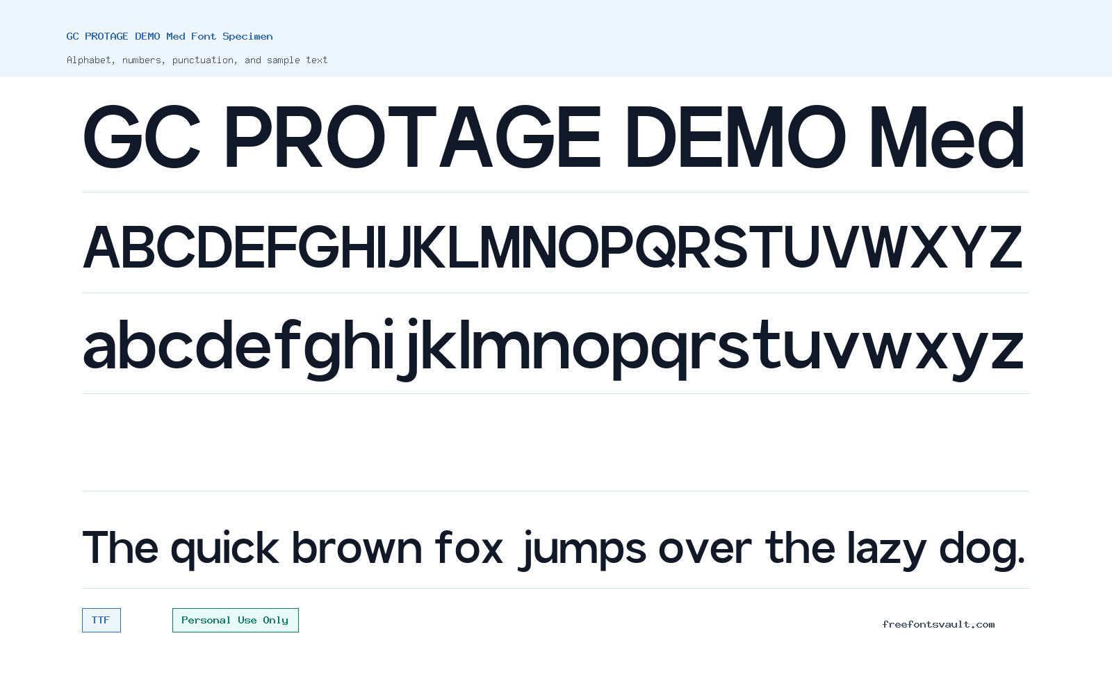 GC PROTAGE DEMO Med font specimen showing alphabet, numbers, and sample text