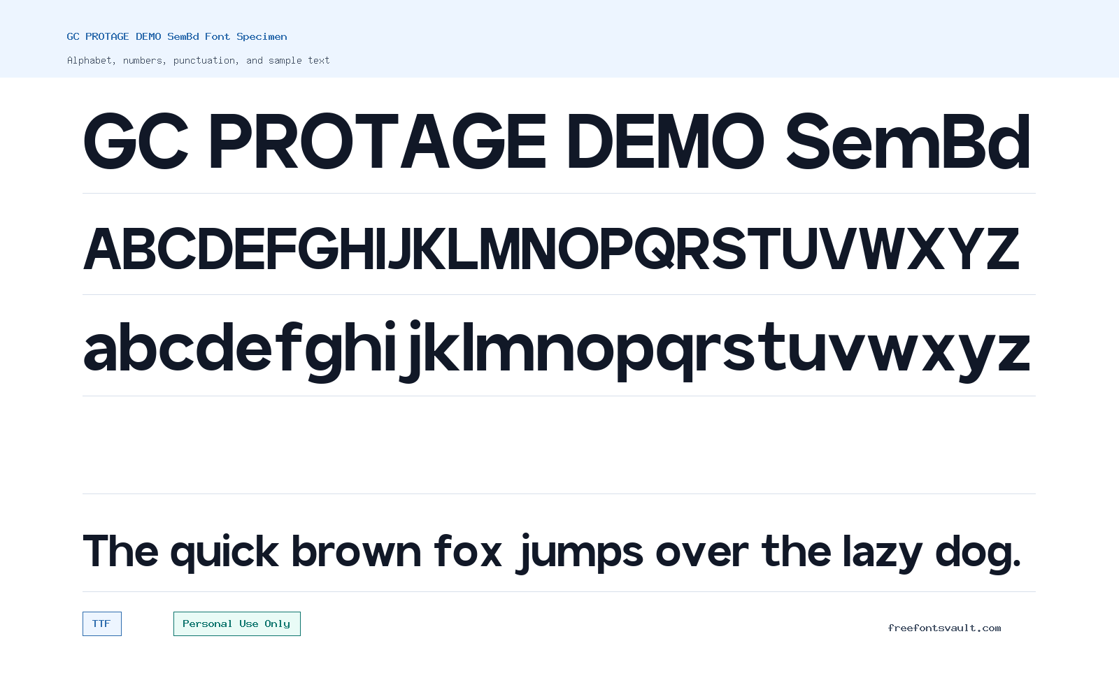 GC PROTAGE DEMO SemBd font specimen showing alphabet, numbers, and sample text